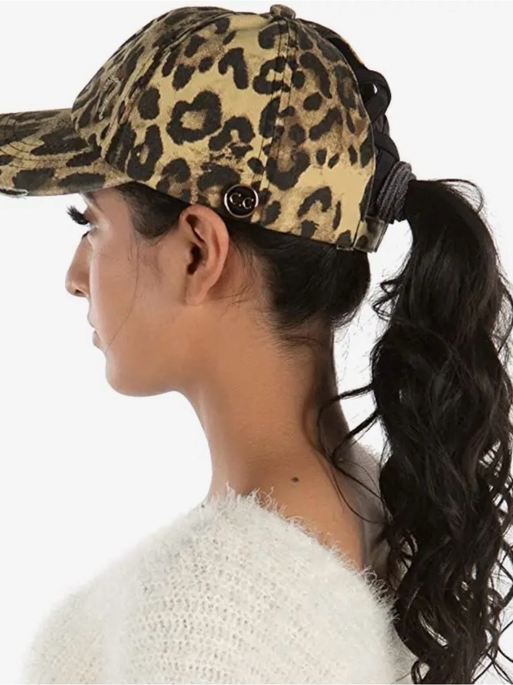 Leopard Print Ponytail Baseball Cap - Brown - Picture 2 of 3